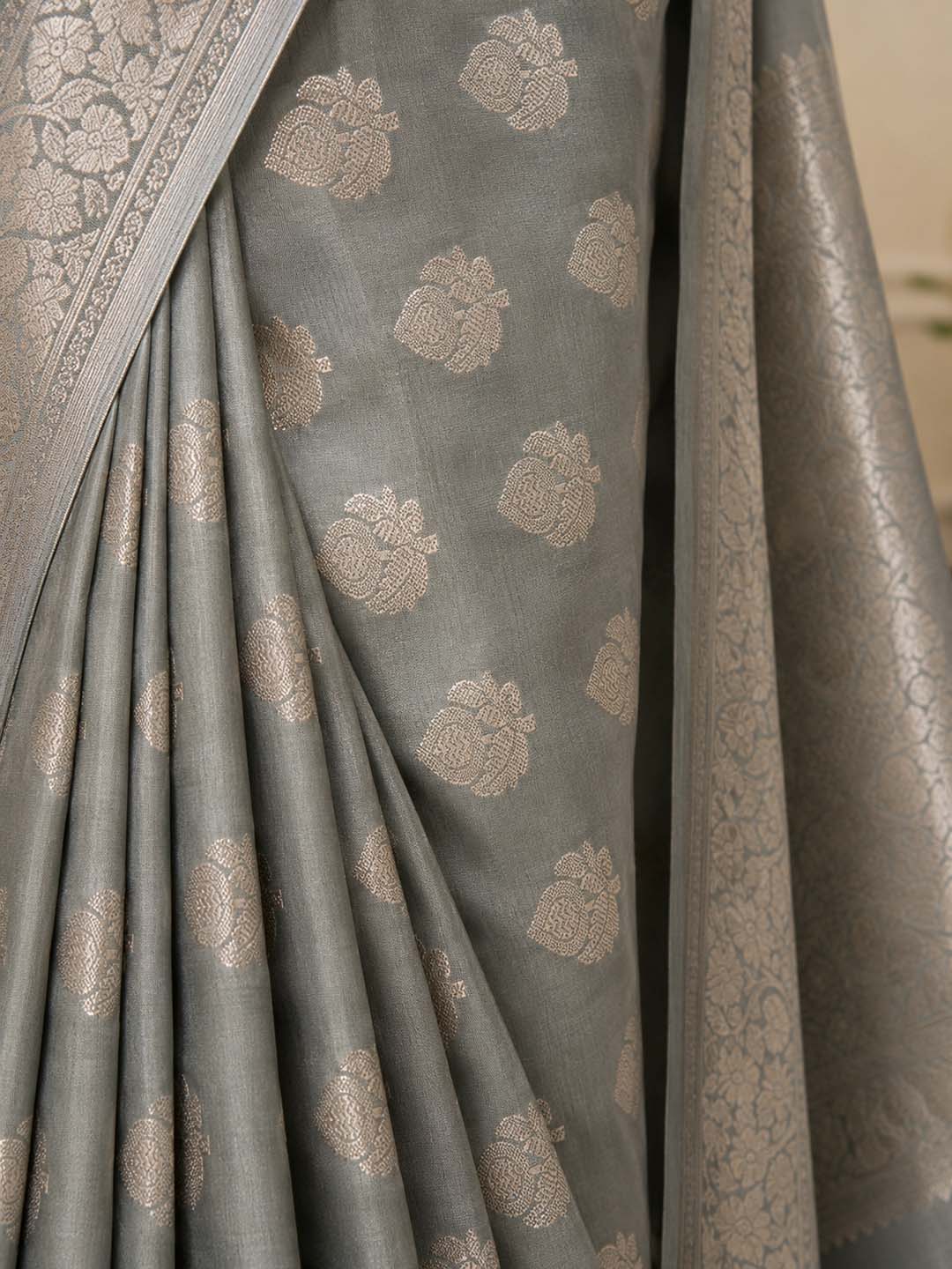 Grey Mashru Katan Banarasi Silk Saree