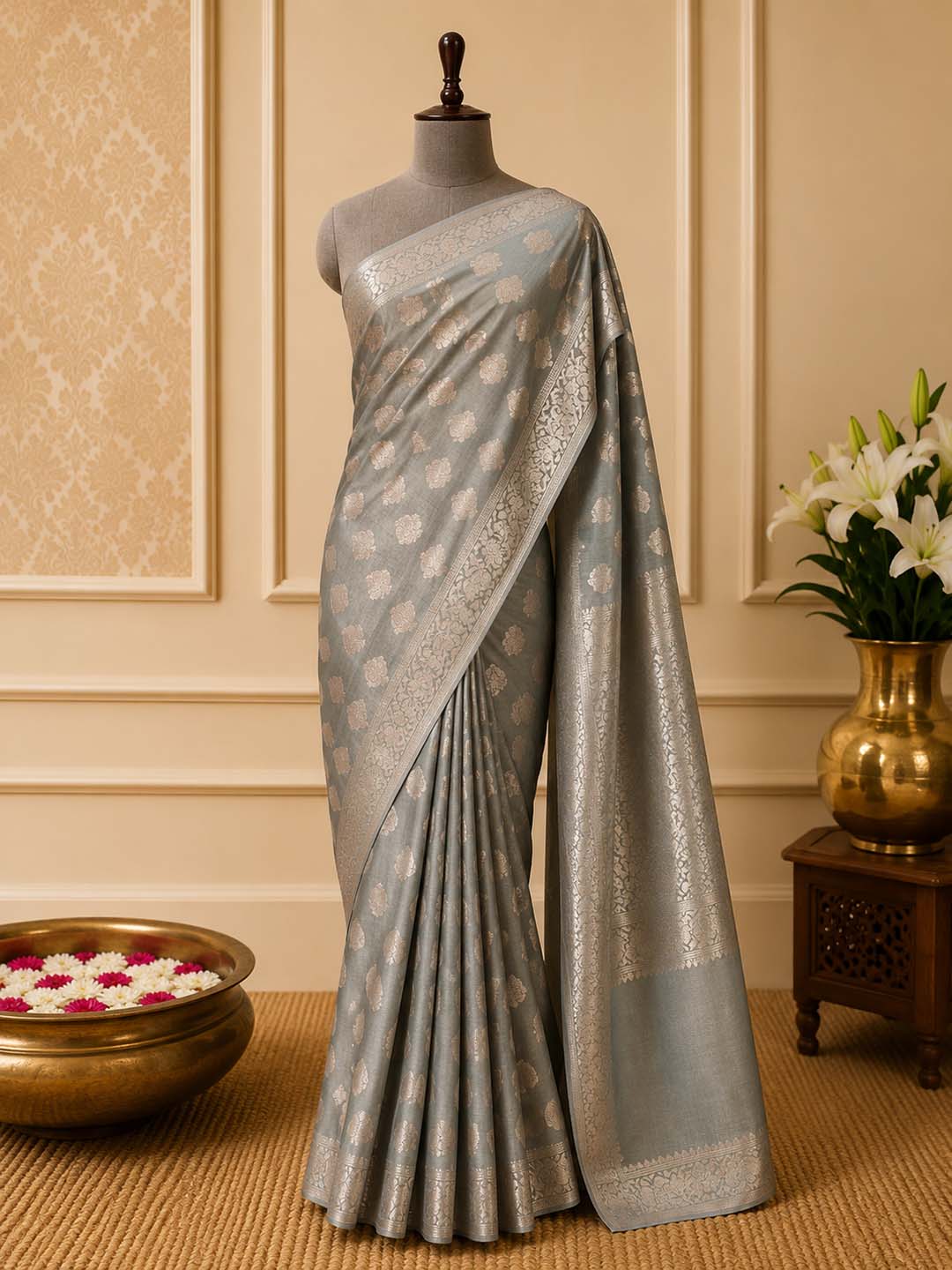 Grey Mashru Katan Banarasi Silk Saree