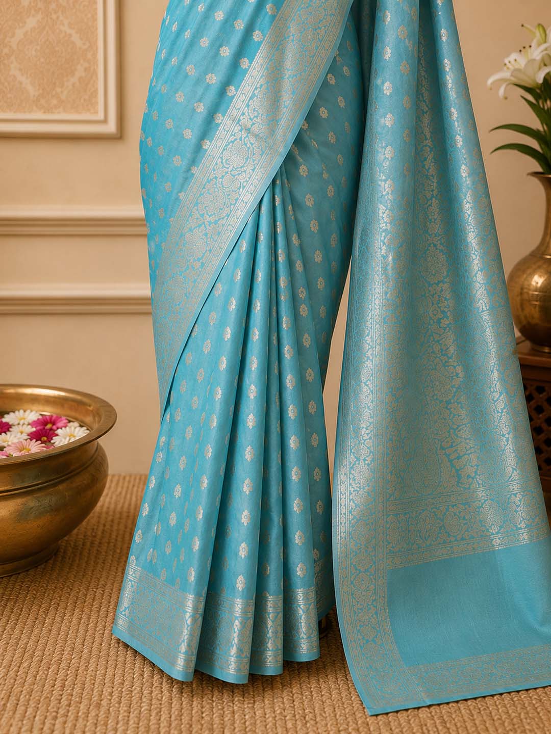 Sky Blue Mashru Katan Banarasi Silk Saree