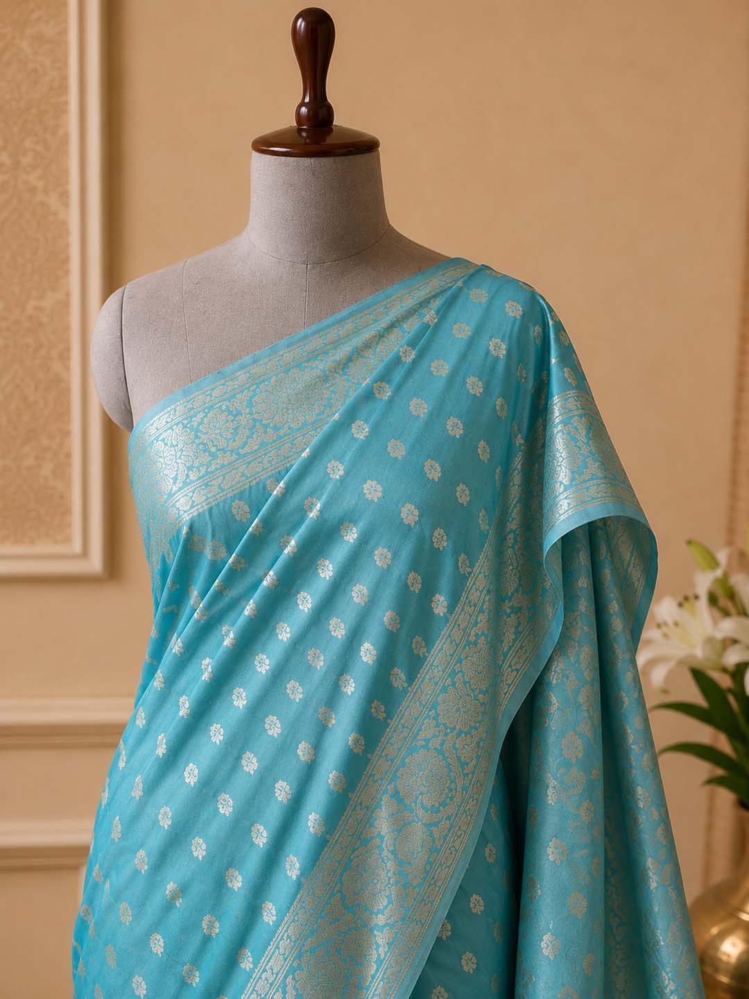Sky Blue Mashru Katan Banarasi Silk Saree