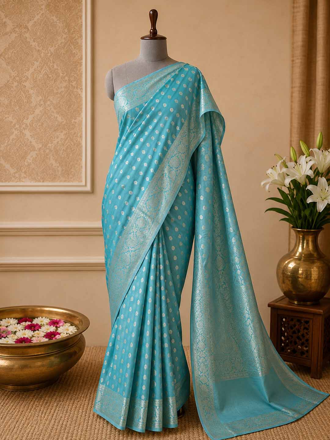 Sky Blue Mashru Katan Banarasi Silk Saree
