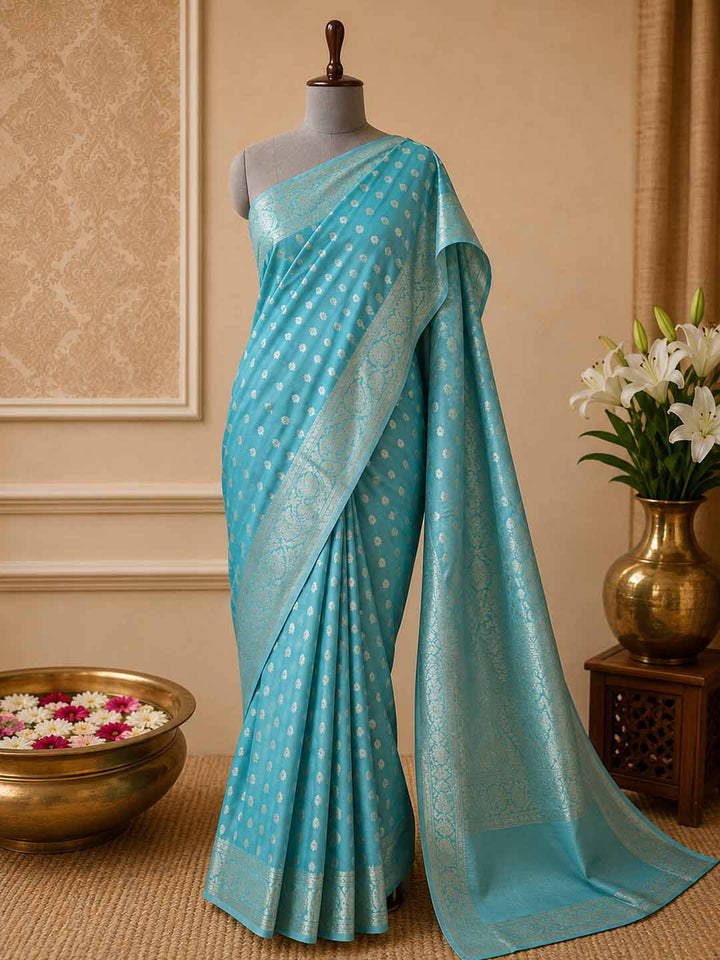 Sky Blue Mashru Katan Banarasi Silk Saree