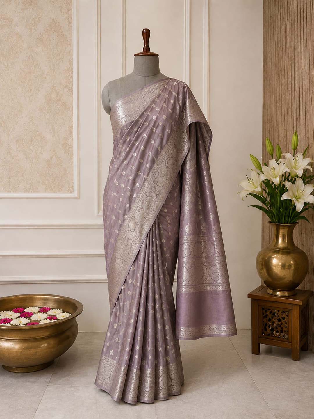 English Lavender Petite Butti Banarasi Silk Saree