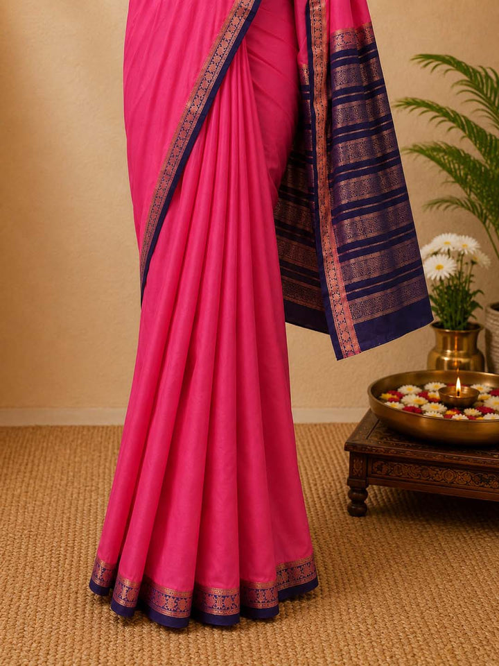 Dark Pink Mysore Silk Saree With Blue Border