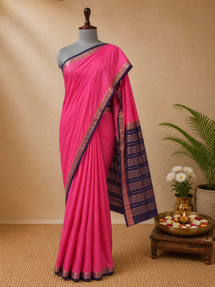 Dark Pink Mysore Silk Saree With Blue Border