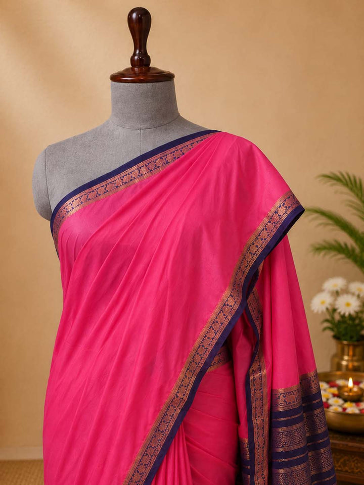 Dark Pink Mysore Silk Saree With Blue Border