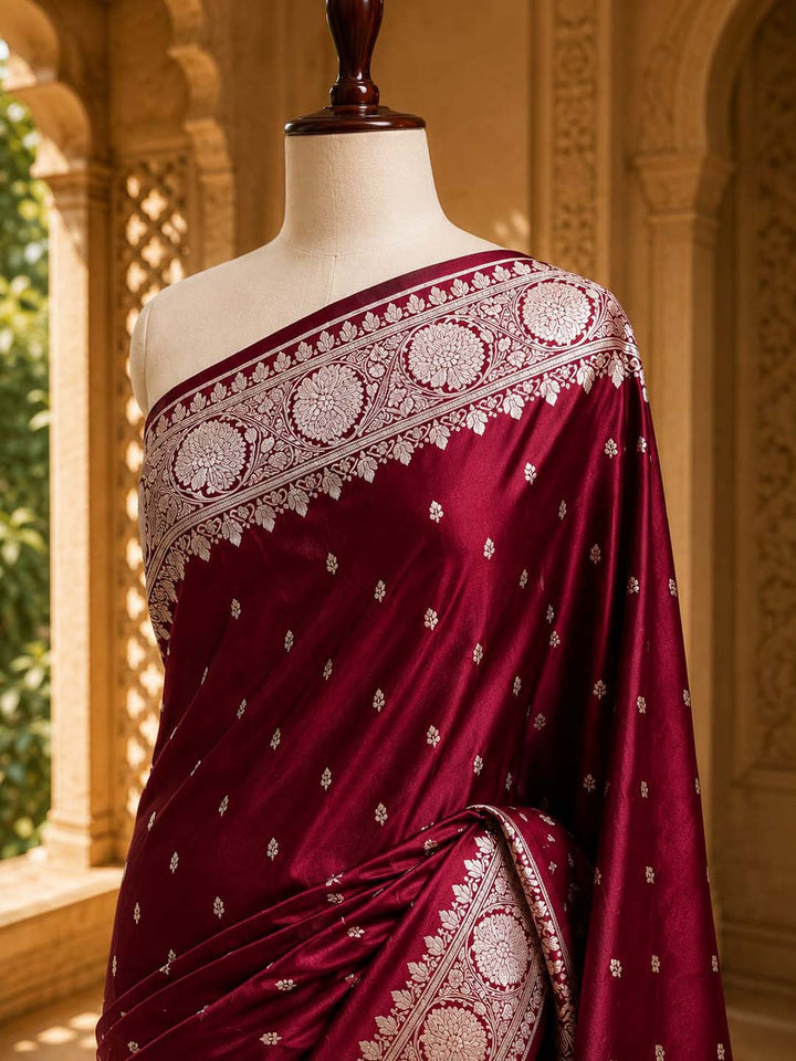Crimson Red Mashru Katan Banarasi Silk Saree
