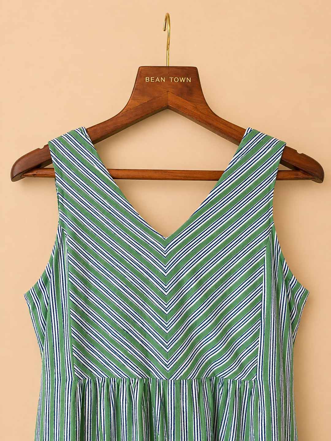 Green Stripes Back Elastic Dress