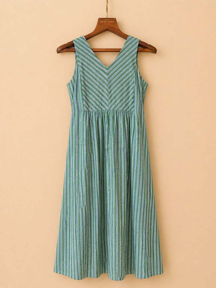Green Stripes Back Elastic Dress
