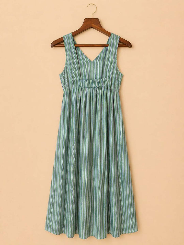 Green Stripes Back Elastic Dress