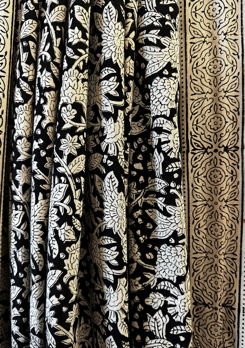 Hand block printed cotton saree black with offwhite and  brick red print