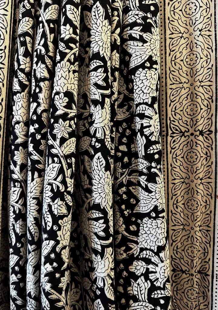 Hand block printed cotton saree black with offwhite and  brick red print