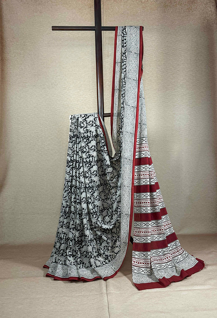 Hand block printed cotton saree black with offwhite and  brick red print