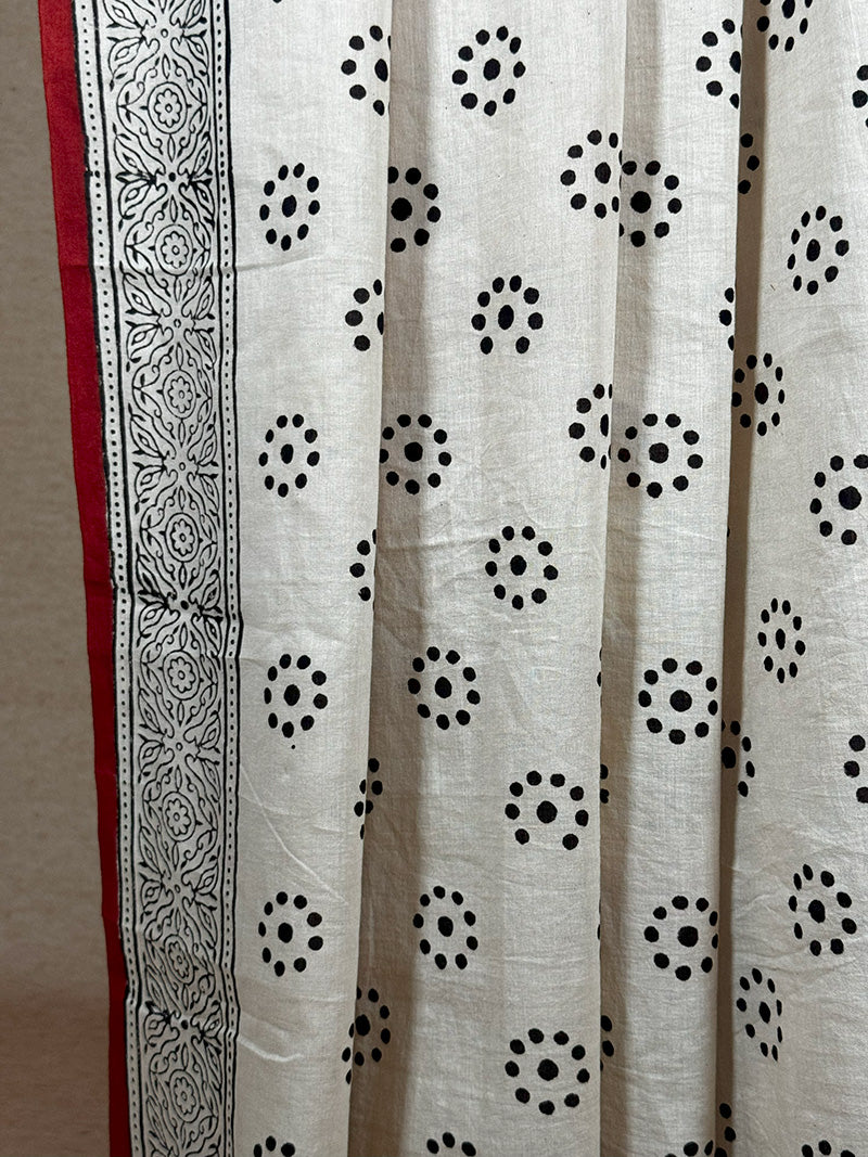 Hand block printed cotton saree black with offwhite and  brick red print