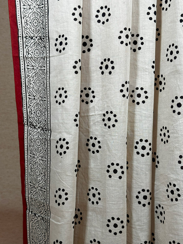 Hand block printed cotton saree black with offwhite and  brick red print