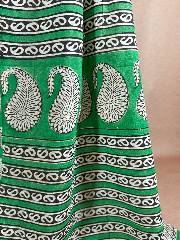 Hand block printed cotton saree green with beige print