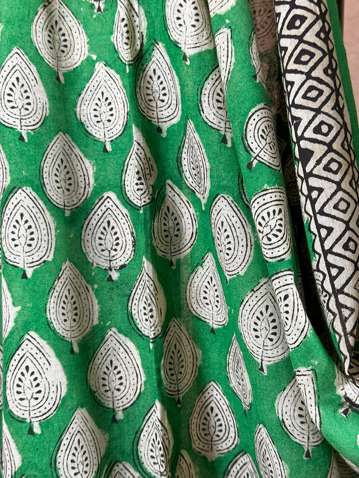 Hand block printed cotton saree green with beige print