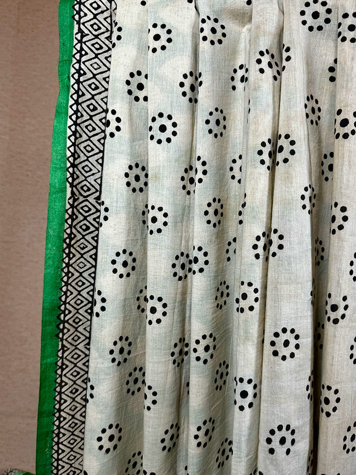 Hand block printed cotton saree green with beige print