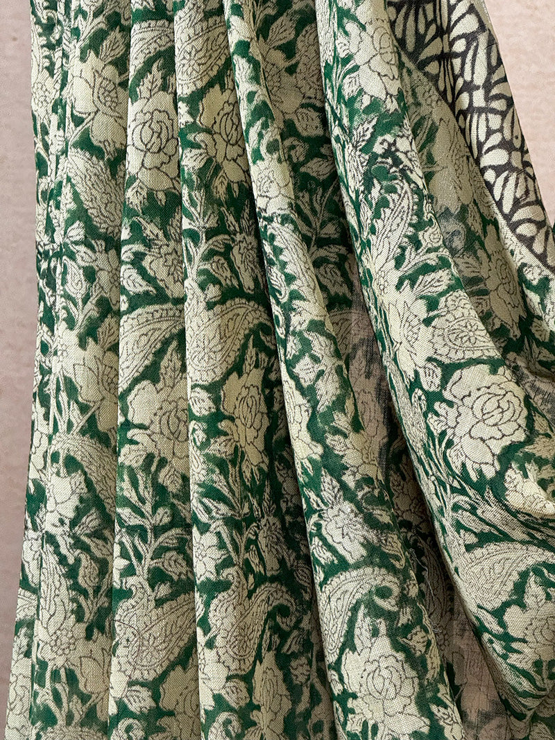 Hand block printed linen-cotton saree green with beige and mustard yellow print