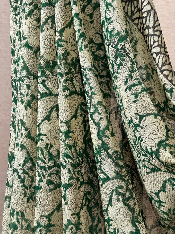 Hand block printed linen-cotton saree green with beige and mustard yellow print
