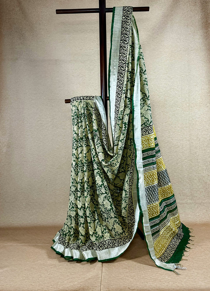 Hand block printed linen-cotton saree green with beige and mustard yellow print