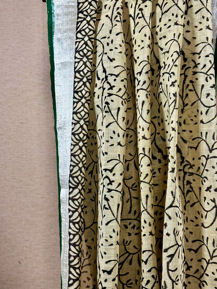 Hand block printed linen-cotton saree green with beige and mustard yellow print