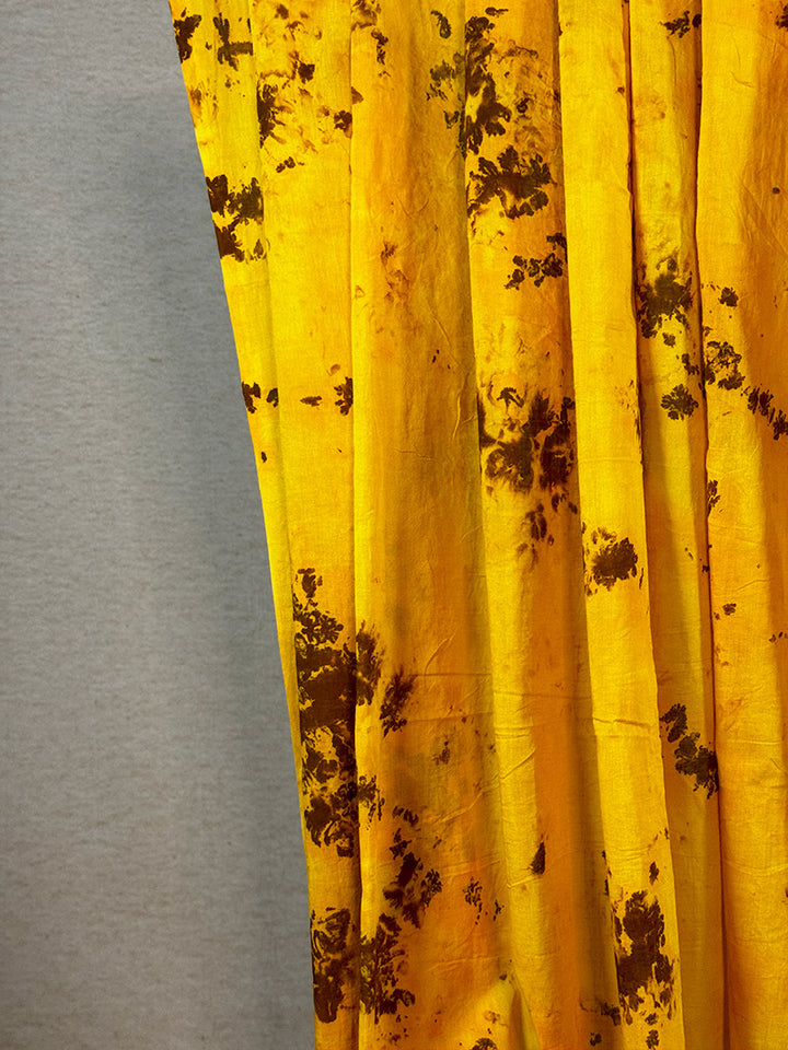 Hand dyed shibori cotton saree yellow with brown and white print