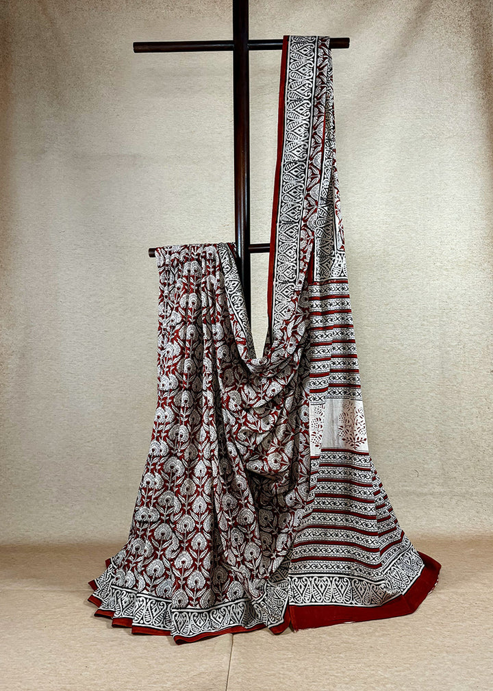 Hand block printed cotton saree brick red with offwhite and black print