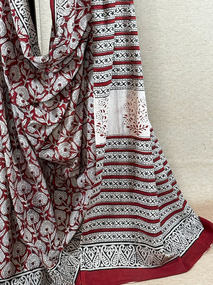 Hand block printed cotton saree brick red with offwhite and black print