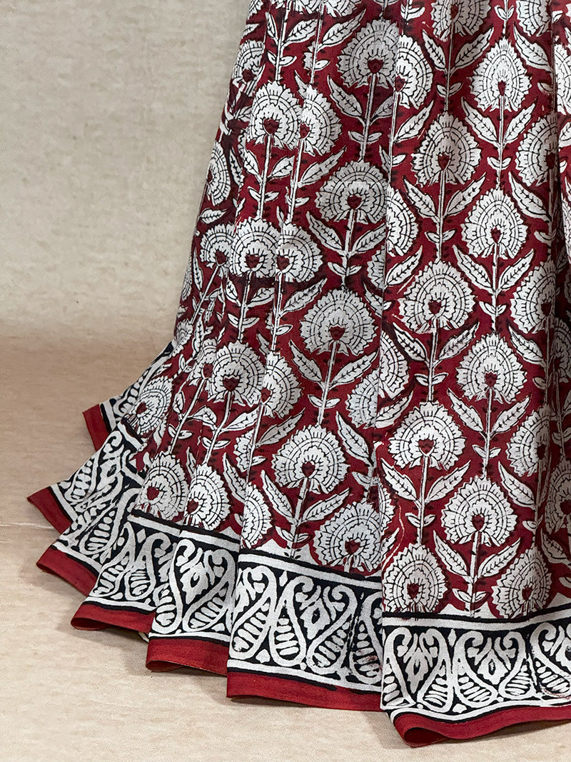 Hand block printed cotton saree brick red with offwhite and black print