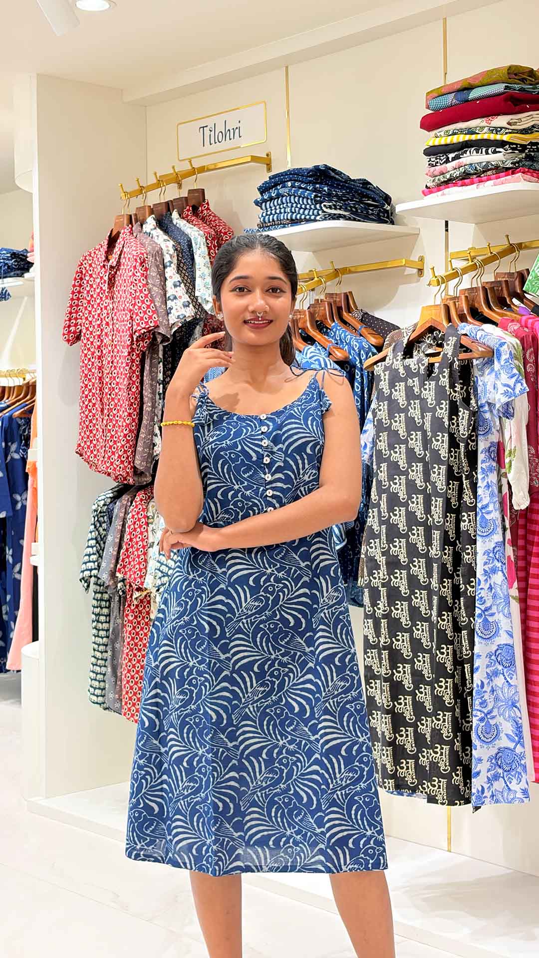 Indigo Bird Print Tie-Shoulder A-Line Dress