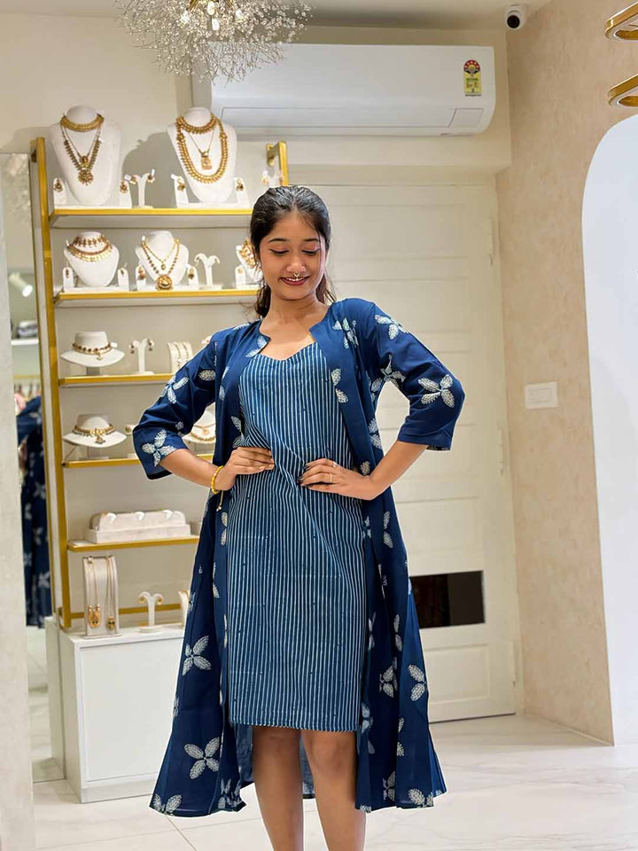 Indigo Striped Sleeveless A-Line Midi Dress
