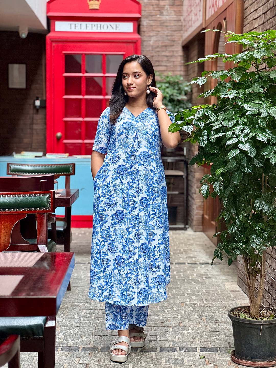 Blue floral block printed cotton aline kurta with palazzo