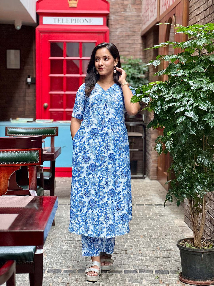 Blue floral block printed cotton aline kurta with palazzo