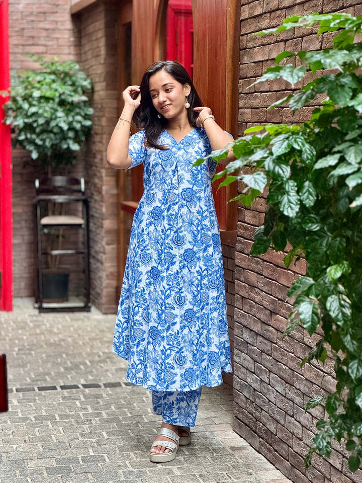 Blue floral block printed cotton aline kurta with palazzo