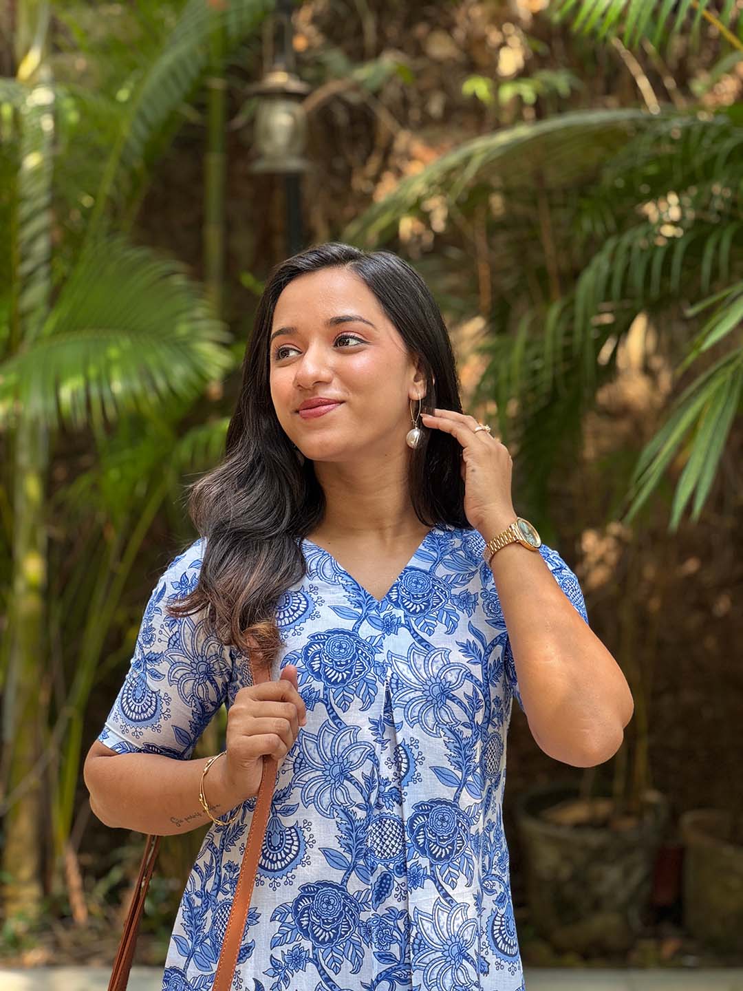Blue floral block printed cotton aline kurta with palazzo