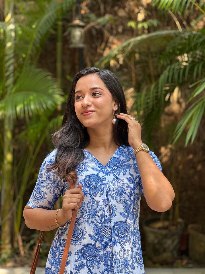 Blue floral block printed cotton aline kurta with palazzo