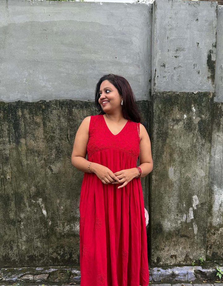 Red Sleeveless Aliya Cut Dress