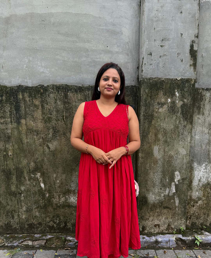 Red Sleeveless Aliya Cut Dress