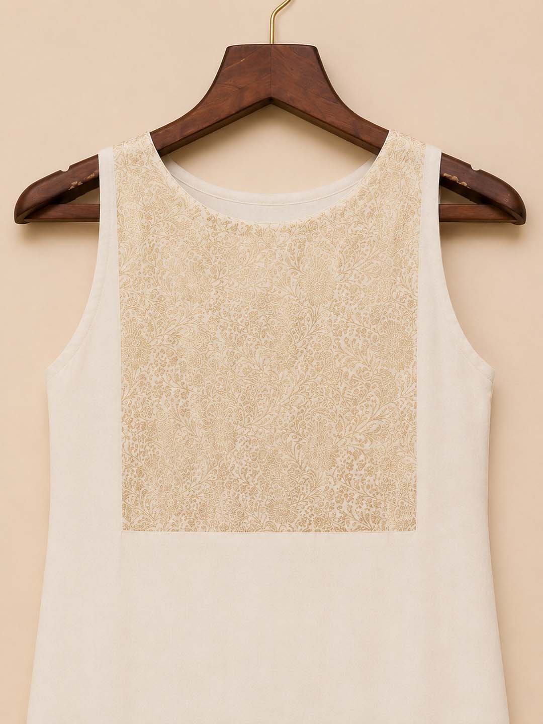 Tamara-Offwhite Sleeveless Dress with Gold Brocade Yoke