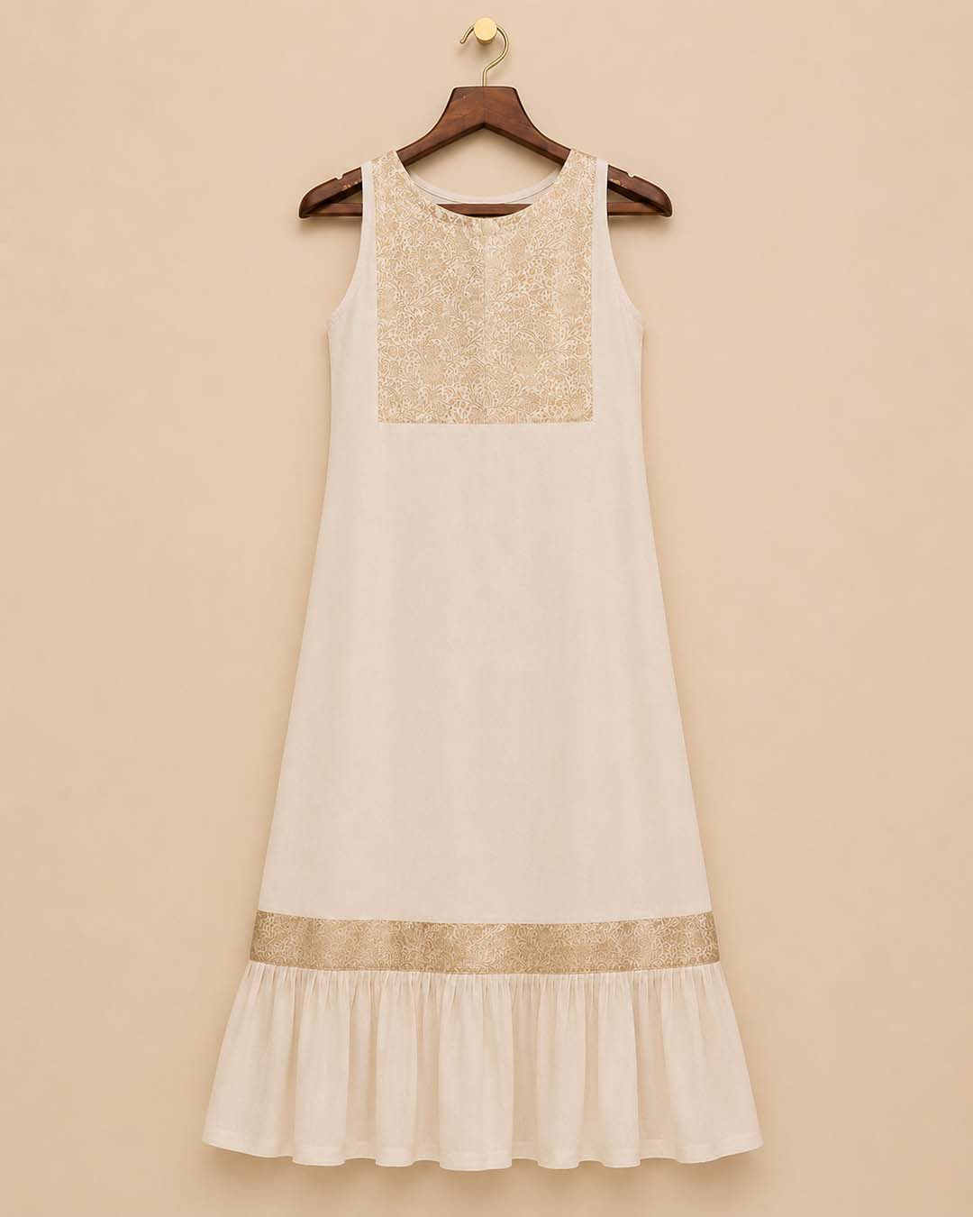 Tamara-Offwhite Sleeveless Dress with Gold Brocade Yoke