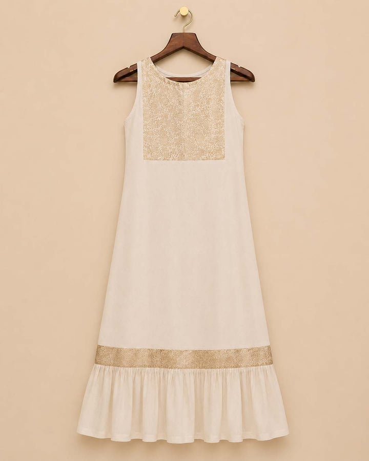 Tamara-Offwhite Sleeveless Dress with Gold Brocade Yoke