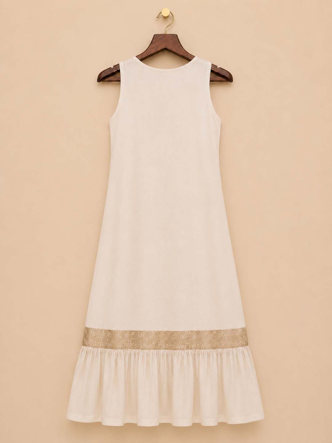 Tamara-Offwhite Sleeveless Dress with Gold Brocade Yoke