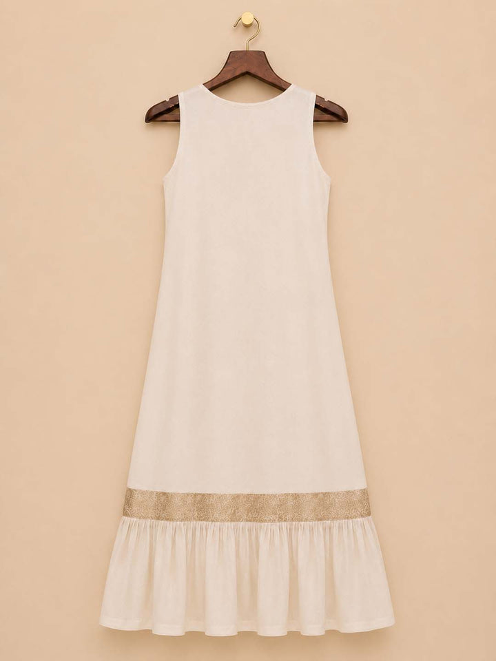 Tamara-Offwhite Sleeveless Dress with Gold Brocade Yoke