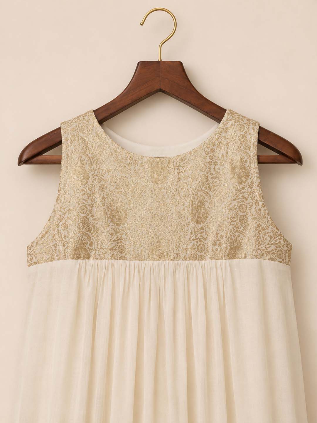 Meera-Off white Maxi Dress Gold Brocade Yoke