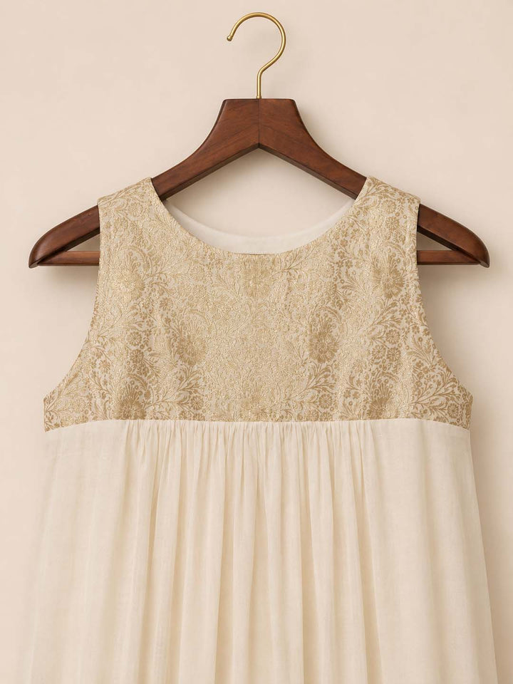 Meera-Off white Maxi Dress Gold Brocade Yoke