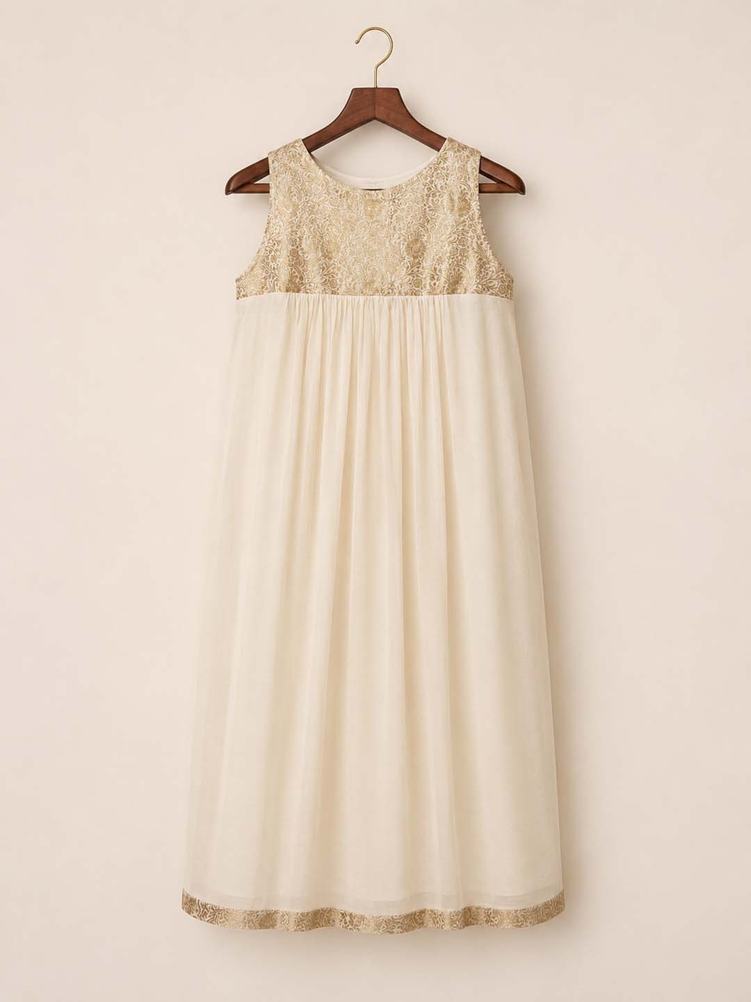 Meera-Off white Maxi Dress Gold Brocade Yoke