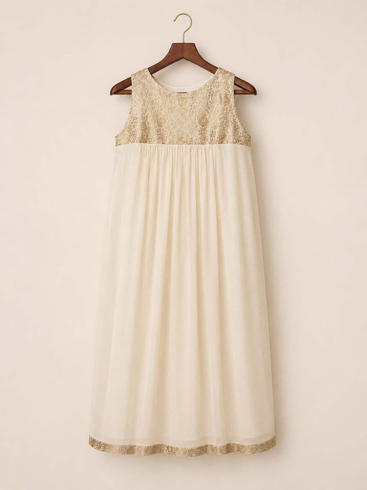 Meera-Off white Maxi Dress Gold Brocade Yoke