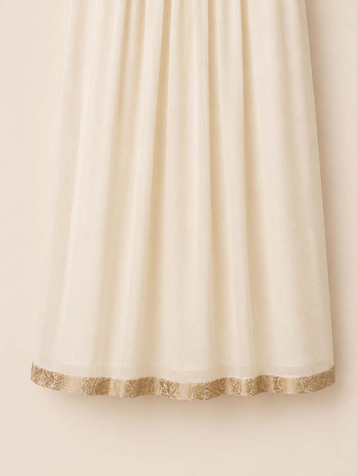 Meera-Off white Maxi Dress Gold Brocade Yoke