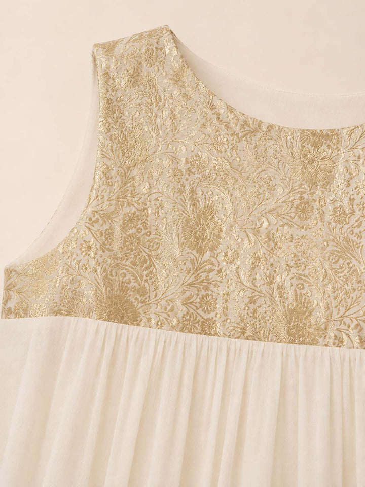 Meera-Off white Maxi Dress Gold Brocade Yoke
